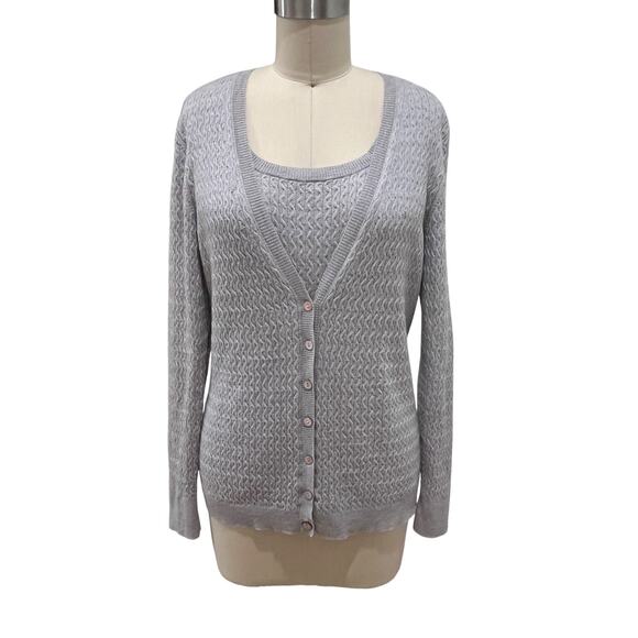 Lafayette 148 Sweater Set Womens Medium Gray Wool Cardigan Tank Top Button Up